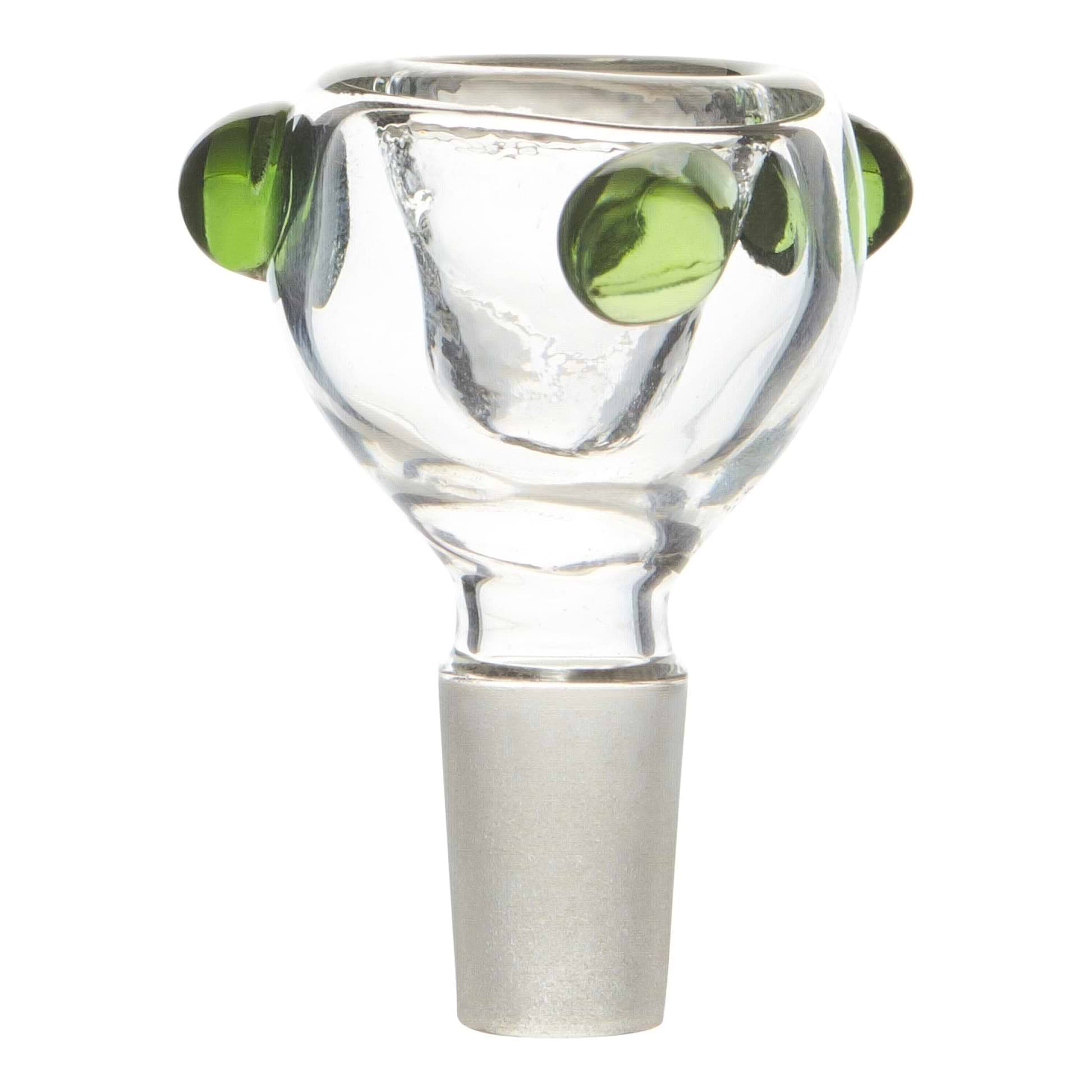 Close up shot of clear glass bowl smoking accessory for 14mm male joint with three green fingergrips 
