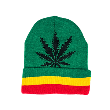 Beanie cap fashion item apparel with a funky weed leaf design in reggae rasta colors