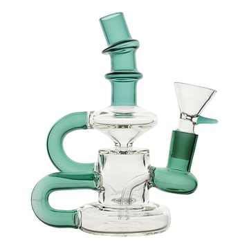 Full front shot of 6 inch glass bong teal and clear colors mouthpiece facing left bowl on the right spiral B shape