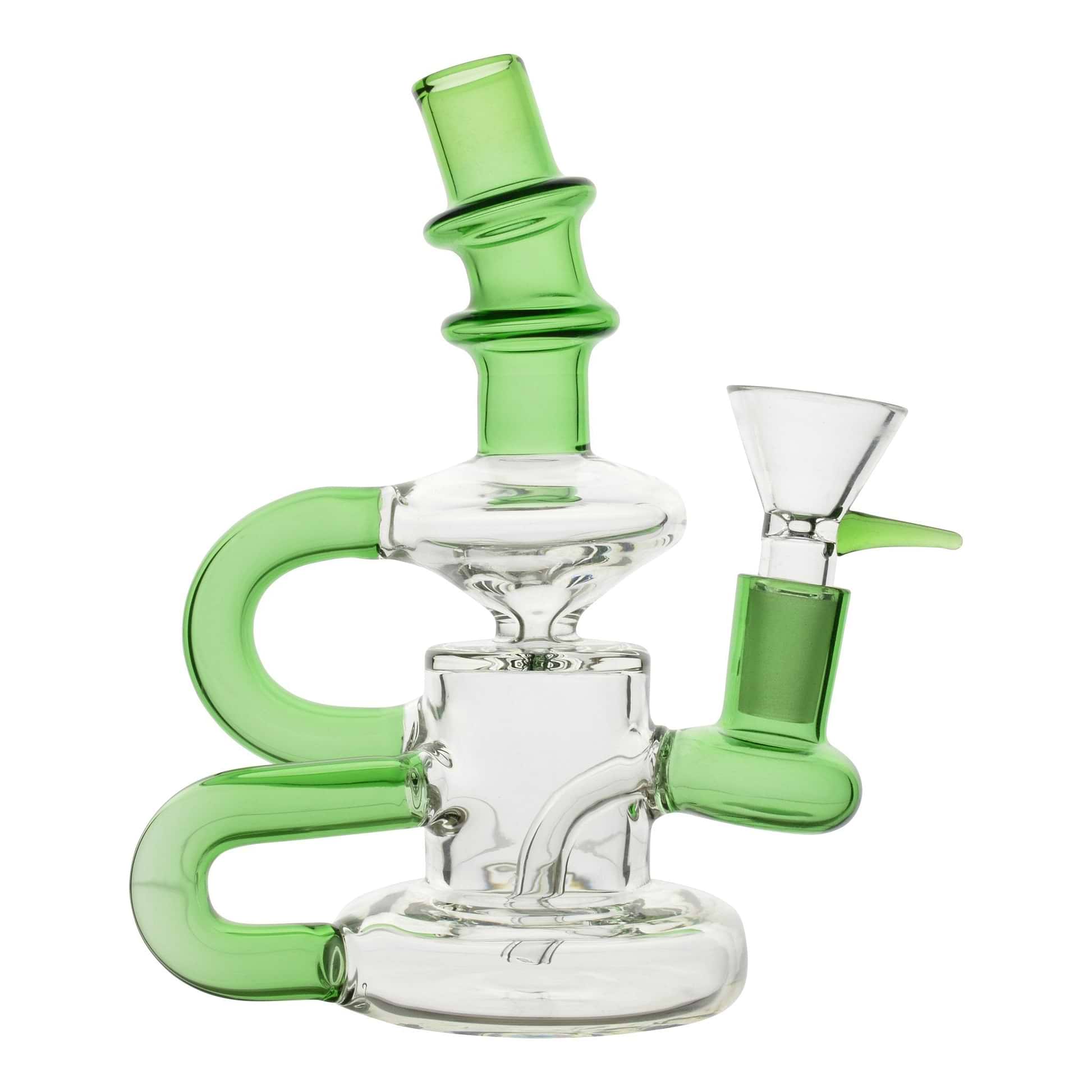 Full front shot of 6 inch glass bong green and clear colors mouthpiece facing left bowl on the right spiral B shape