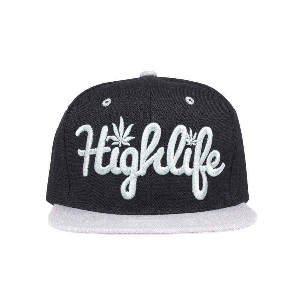 Simple snapback cap fashion item apparel with a 'Highlife' wording and weed leef pot design in Black and Silver