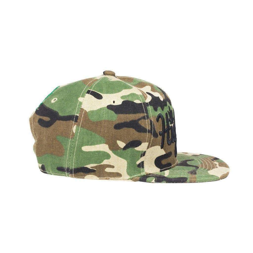 Simple snapback cap fashion item apparel with a 'Highlife' wording and weed leef pot design in Camo colors