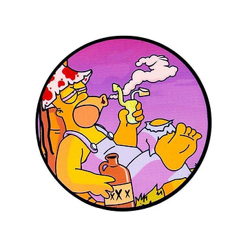 Small coaster style dab mat smoking accessory with funny Homer Simpson smoking pot holding bubbler design