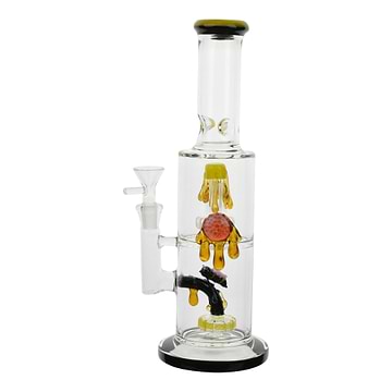 Full shot of 12 inch glass bong dripping honey on top honeybee below honeycomb front black accents bowl on left
