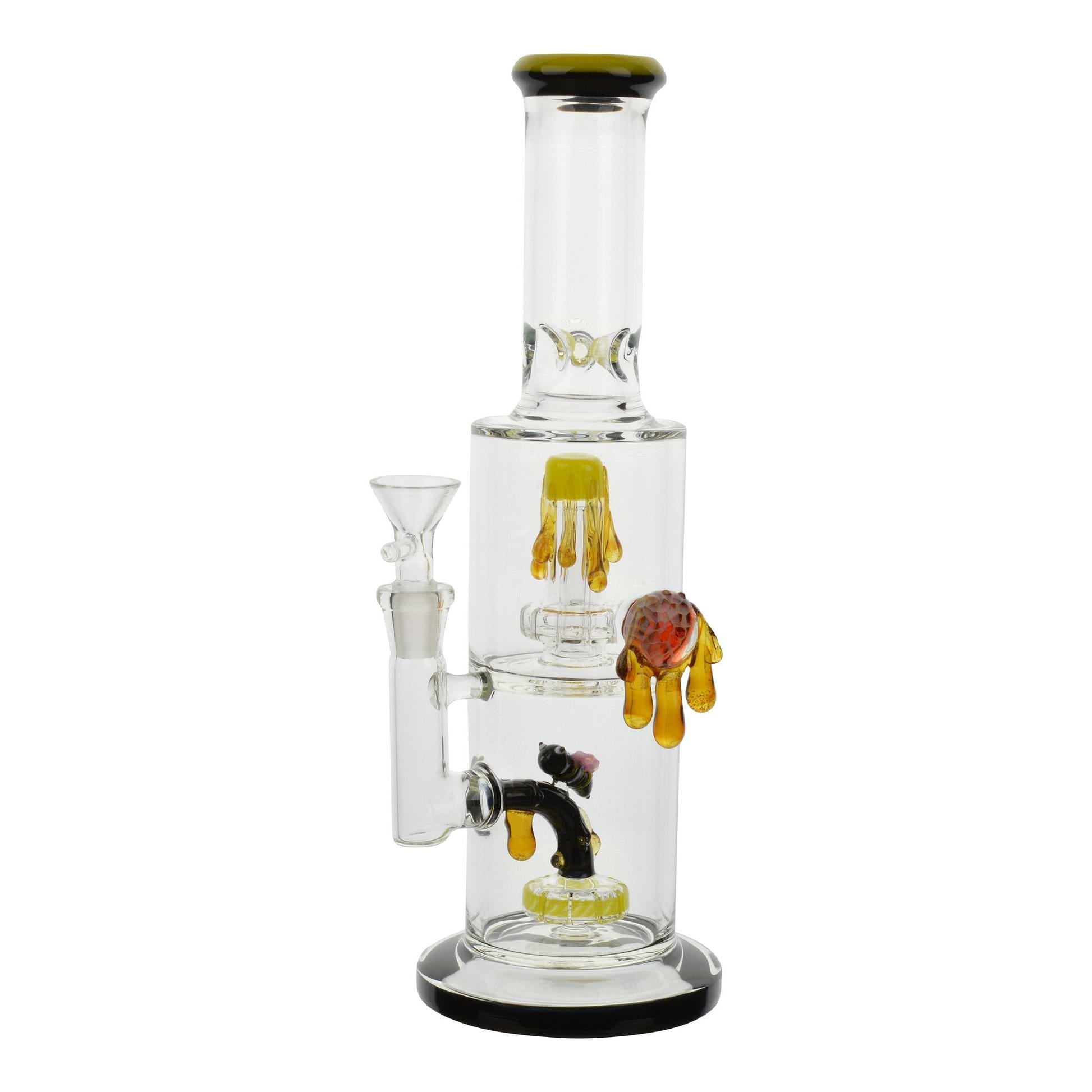 Full front shot of 12 inch glass bong flare base dripping honey on top honeybee below honeycomb in front on right