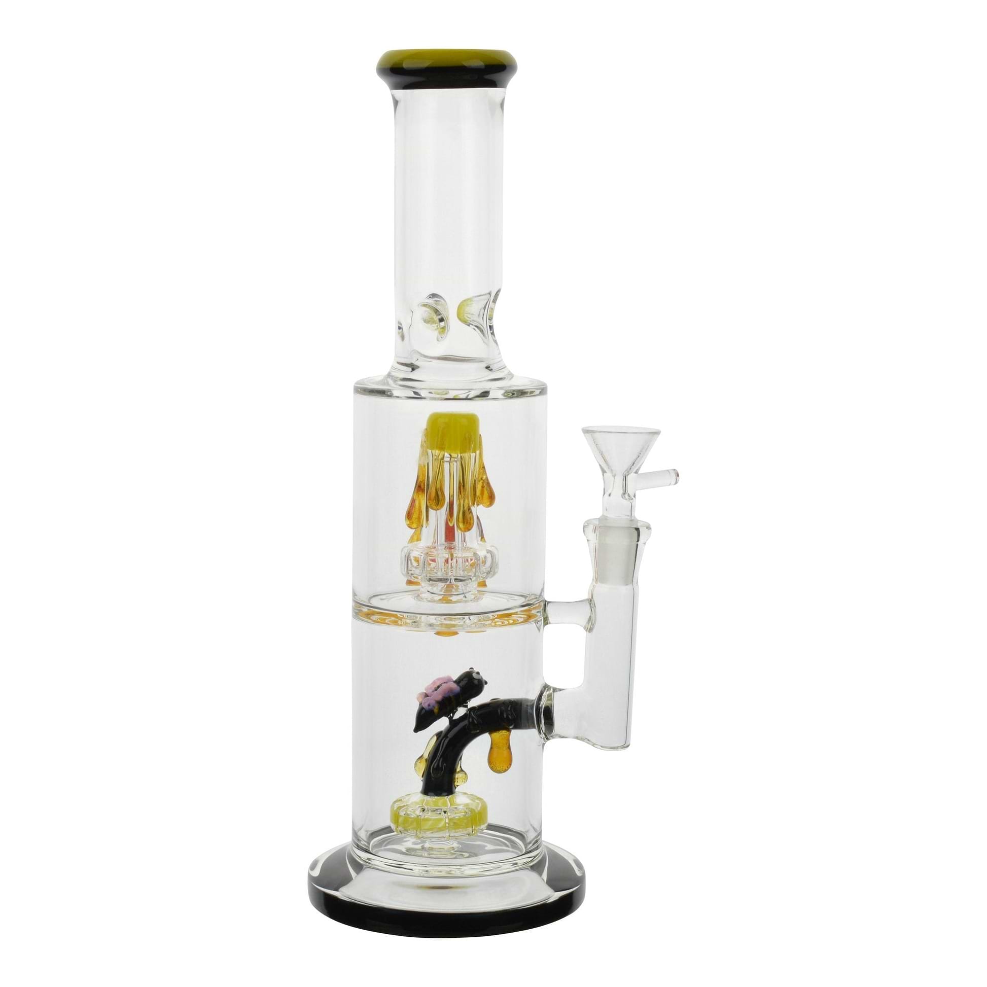 Full front shot of 12 inch glass bong flare base dripping honey on top honeybee below black accents bowl on right