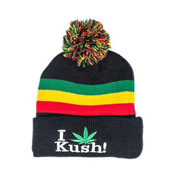 Beanie cap fashion item apparel with I Love Kush weed leaf design in funky rasta colors with pompom