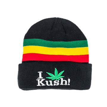 Beanie cap fashion item apparel with I Love Kush weed leaf design in funky rasta colors