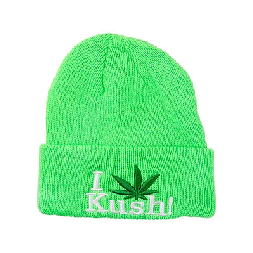 Beanie cap fashion item apparel with I Love Kush weed leaf design in funky rasta colors