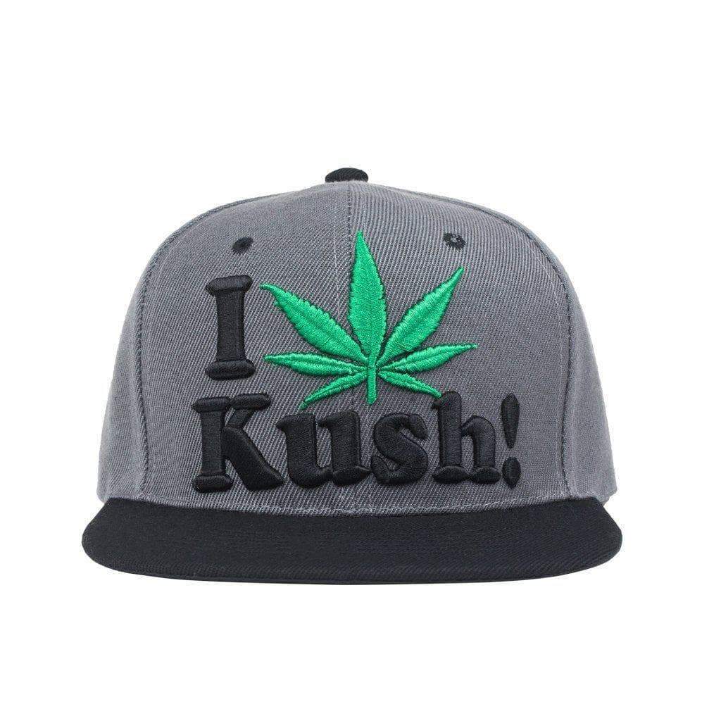 Dope snapback cap fashion item apparel I Love Weed wording beside a weed leef pot design in Grey and Black