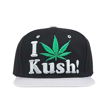 Dope snapback cap fashion item apparel I Love Weed wording beside a weed leef pot design in Black and Green