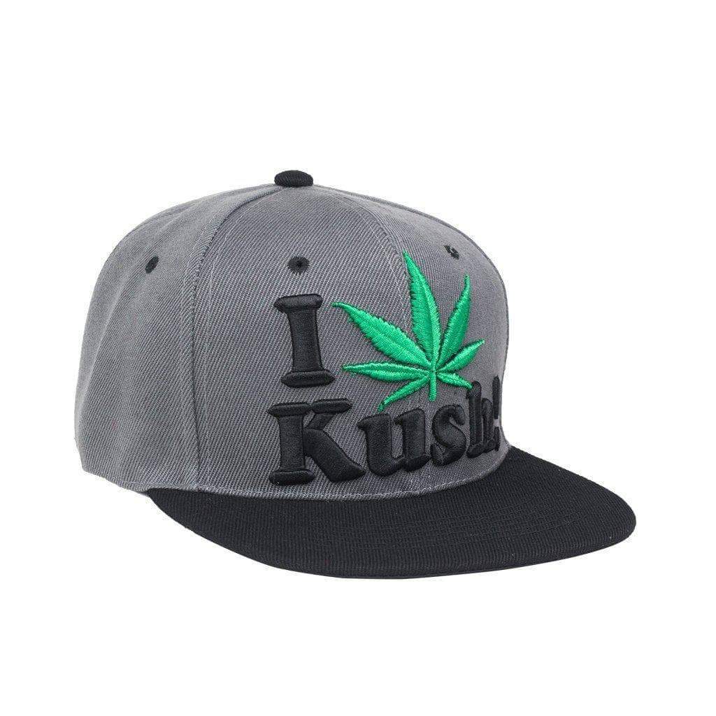 Cool snapback cap fashion item apparel with an I Love Kush wording beside weed leef pot design bold vibrant colors