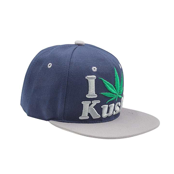 Cool snapback cap fashion item apparel with an I Love Kush wording beside weed leef pot design bold vibrant colors
