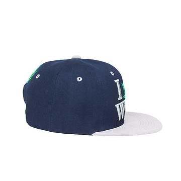 Dope snapback cap fashion item apparel I Love Weed wording beside a weed leef pot design in Blue and White