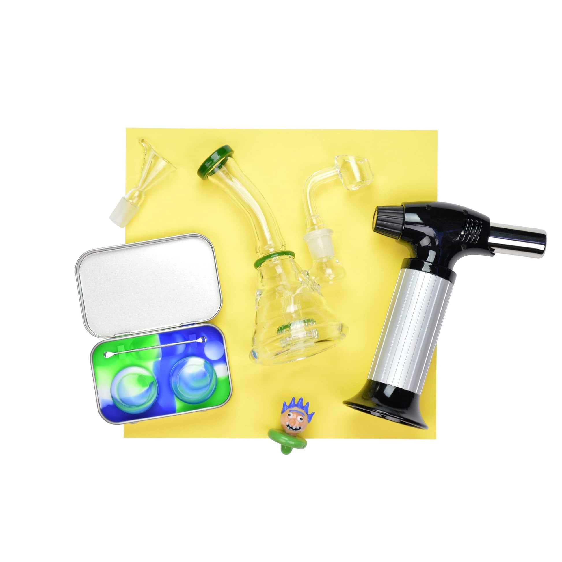 Set of mini bong with bowl and quartz banger, swirl-colored wax containers kit, head styled carb cap and torch lighter