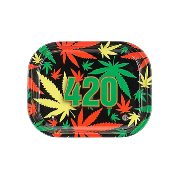 Black, yellow, green, red colored weed leaf rolling tray