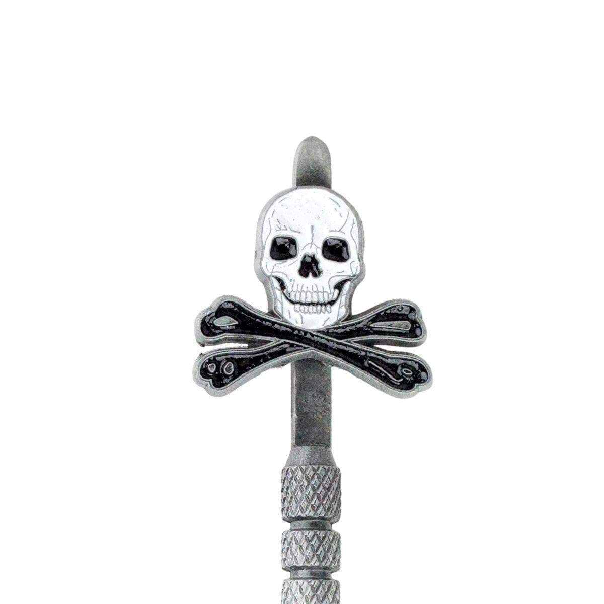 Easy-to-use dab tool smoking accessory made of metal with a dope skull and crossbones goth design on the handle