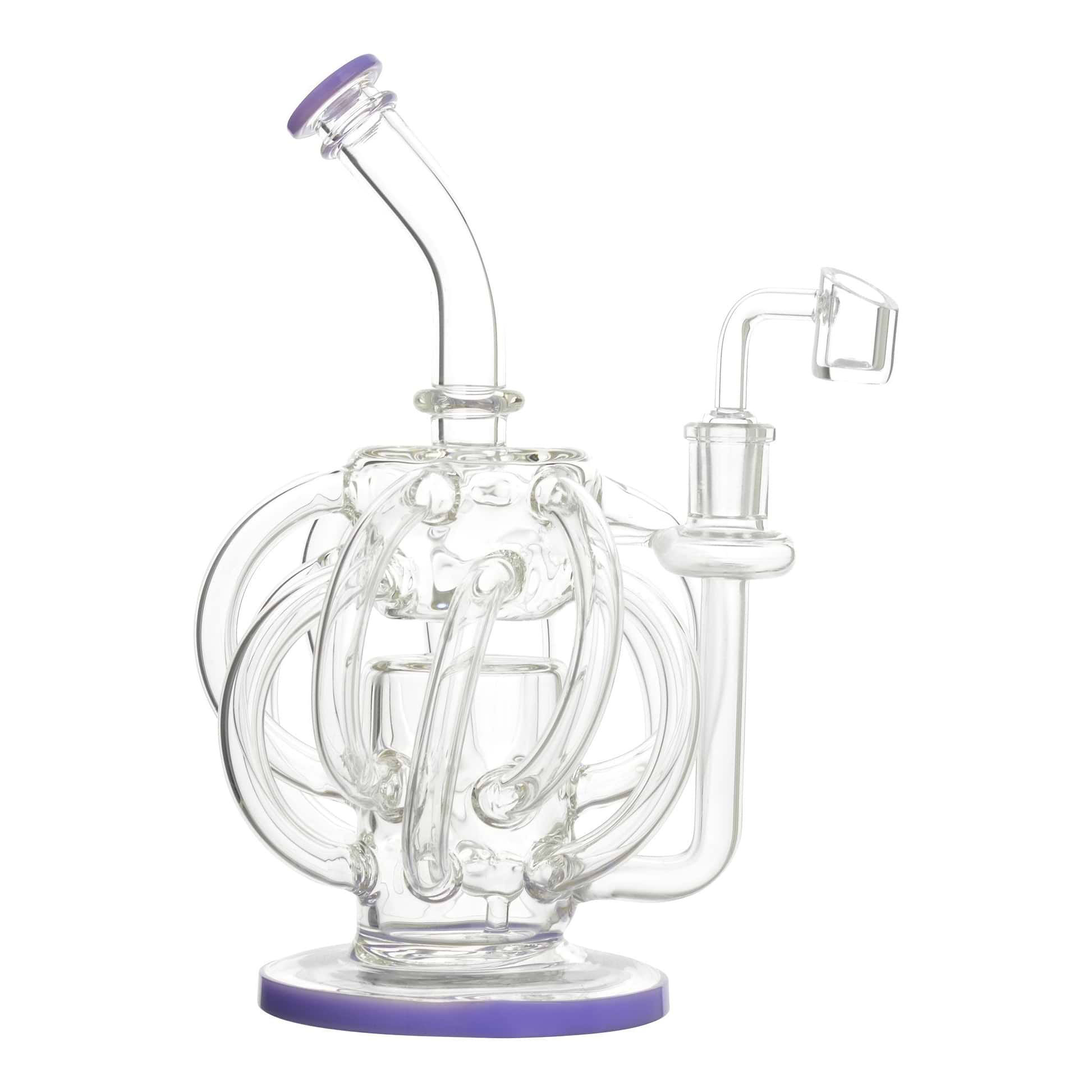 Full front shot of clear glass recycler dab rig intertwining spiral design with purple accents and banger on right