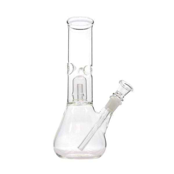 Full front shot of clear glass mini beaker bong smoking device with bowl on right