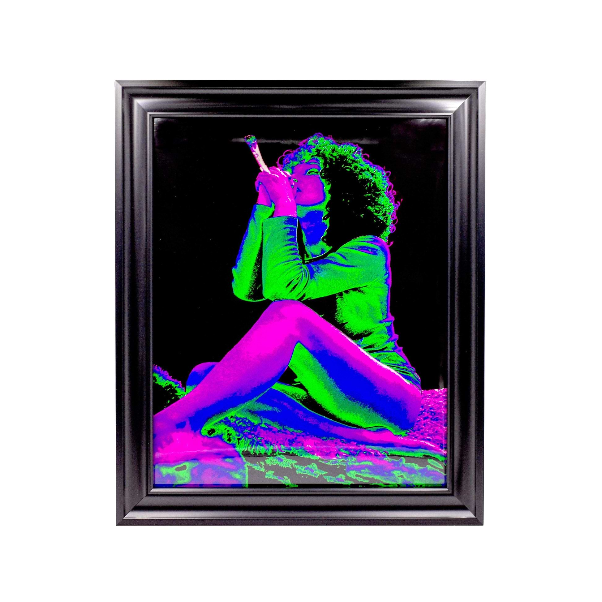 Cool wall art with a curly woman sitting while smoking marijuana weed pot design psychedelic colors