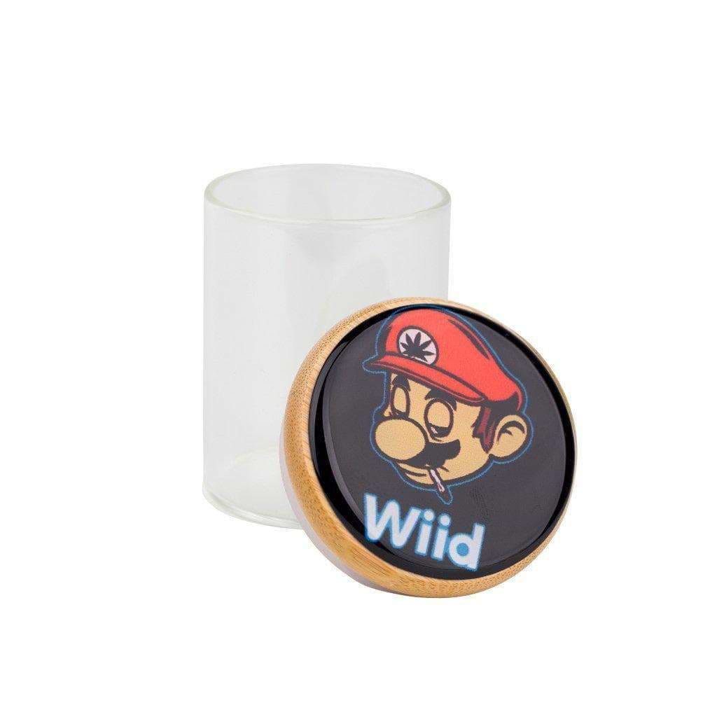 Frosted glass stash jar storage smoking accessory secure wooden lid silicone strip wacky Mario getting high word wild on lid