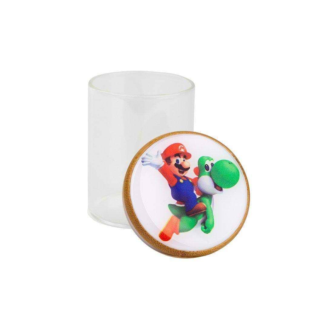 Frosted glass stash jar storage smoking accessory secure wooden lid silicone strip mario on Yoshi