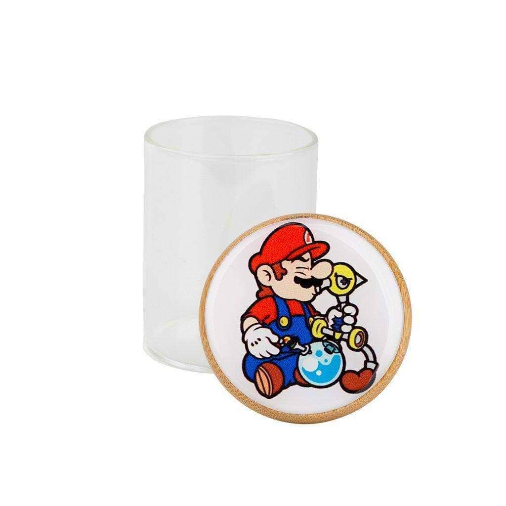 Frosted glass stash jar storage smoking accessory secure wooden lid silicone strip wacky Mario on bike