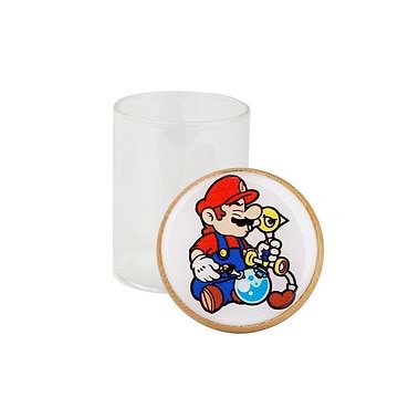 Frosted glass stash jar storage smoking accessory secure wooden lid silicone strip wacky Mario on bike