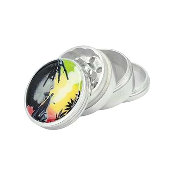 50mm diameter metal herb grinder smoking accessory with 4 parts Bob Marley design on lid rasta weed leaf style