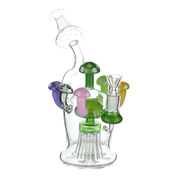 Full shot glass recycler dab rig color mushroom percs mouthpiece facing left backwards bowl on right slightly front