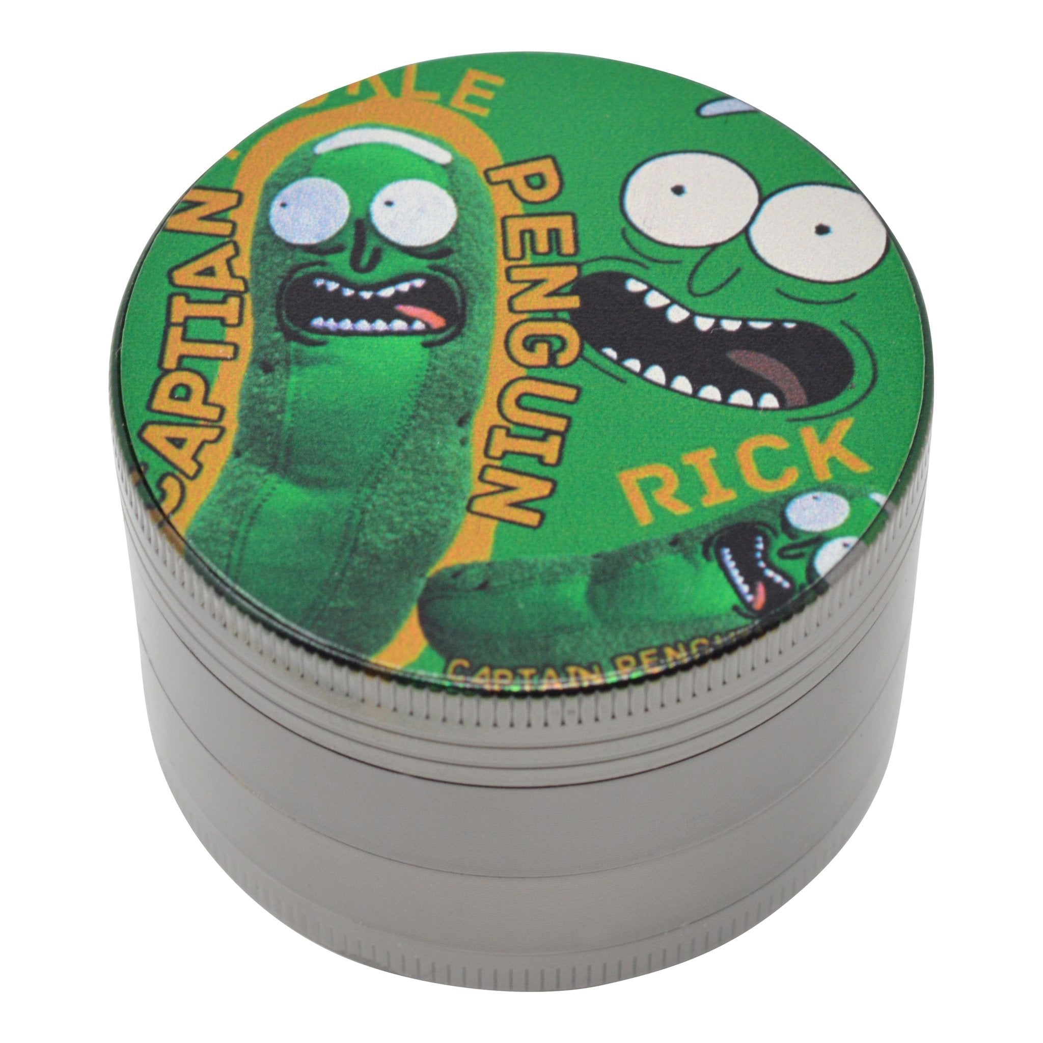 High angle shot of closed grinder with RnM wacky cucumber with face design Captain Penguin word green yellow colors