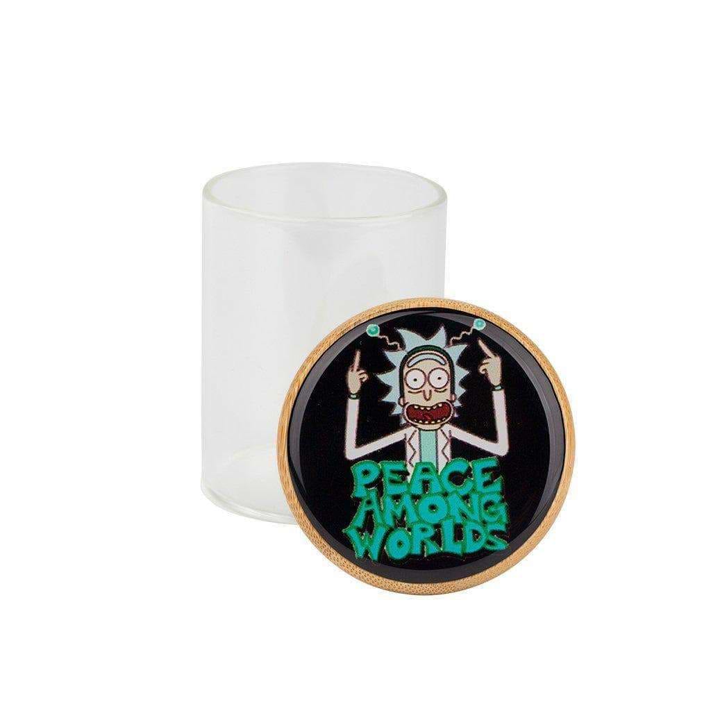 Frosted glass stash jar storage container smoking accessory secure wooden lid RnM characters Look Morty