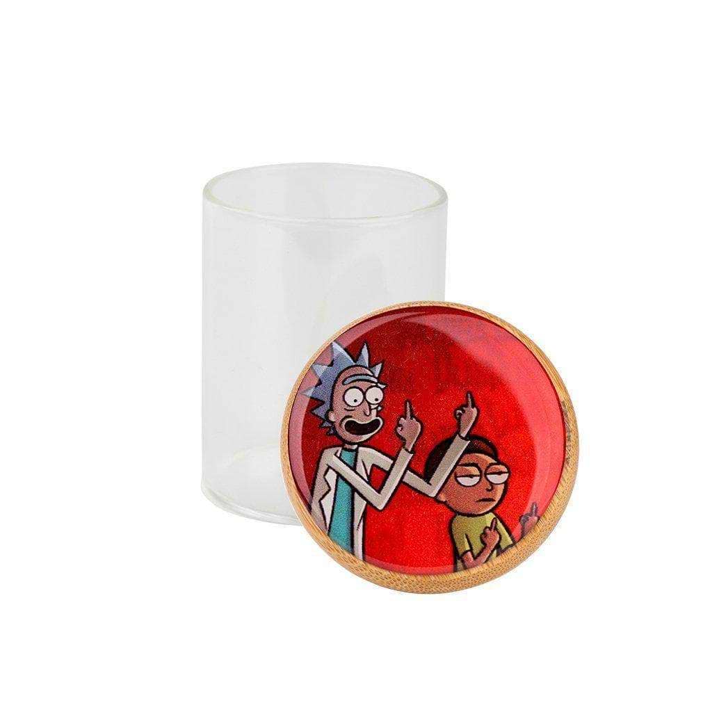 Frosted glass stash jar storage container smoking accessory secure wooden lid RnM characters Rick and Morty FU
