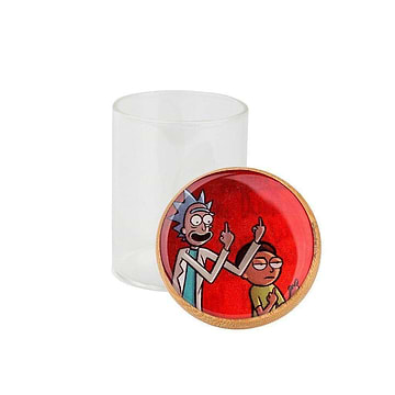 Frosted glass stash jar storage container smoking accessory secure wooden lid RnM characters Rick and Morty FU