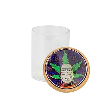 Frosted glass stash jar storage container smoking accessory secure wooden lid RnM characters Rick and Morty Pot Head