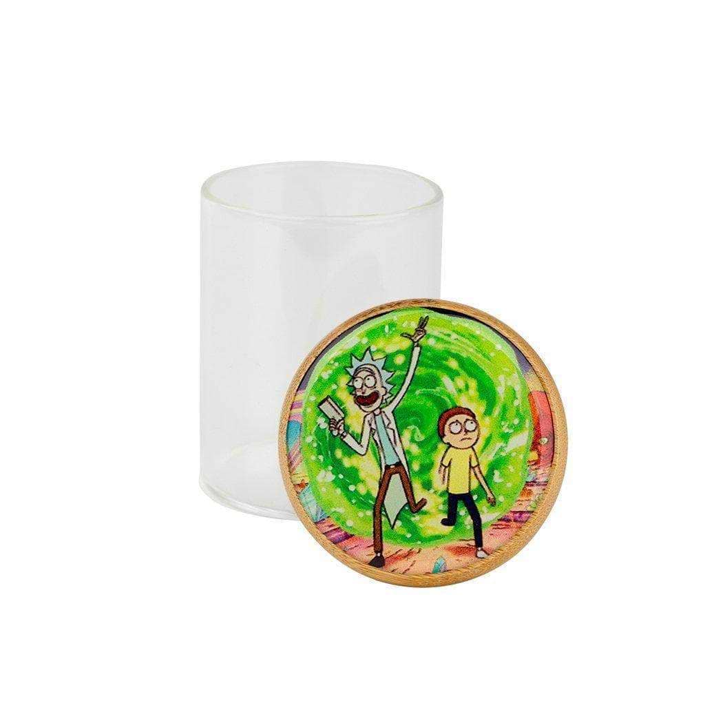 Frosted glass stash jar storage container smoking accessory secure wooden lid RnM characters Rick and Morty smoking weed