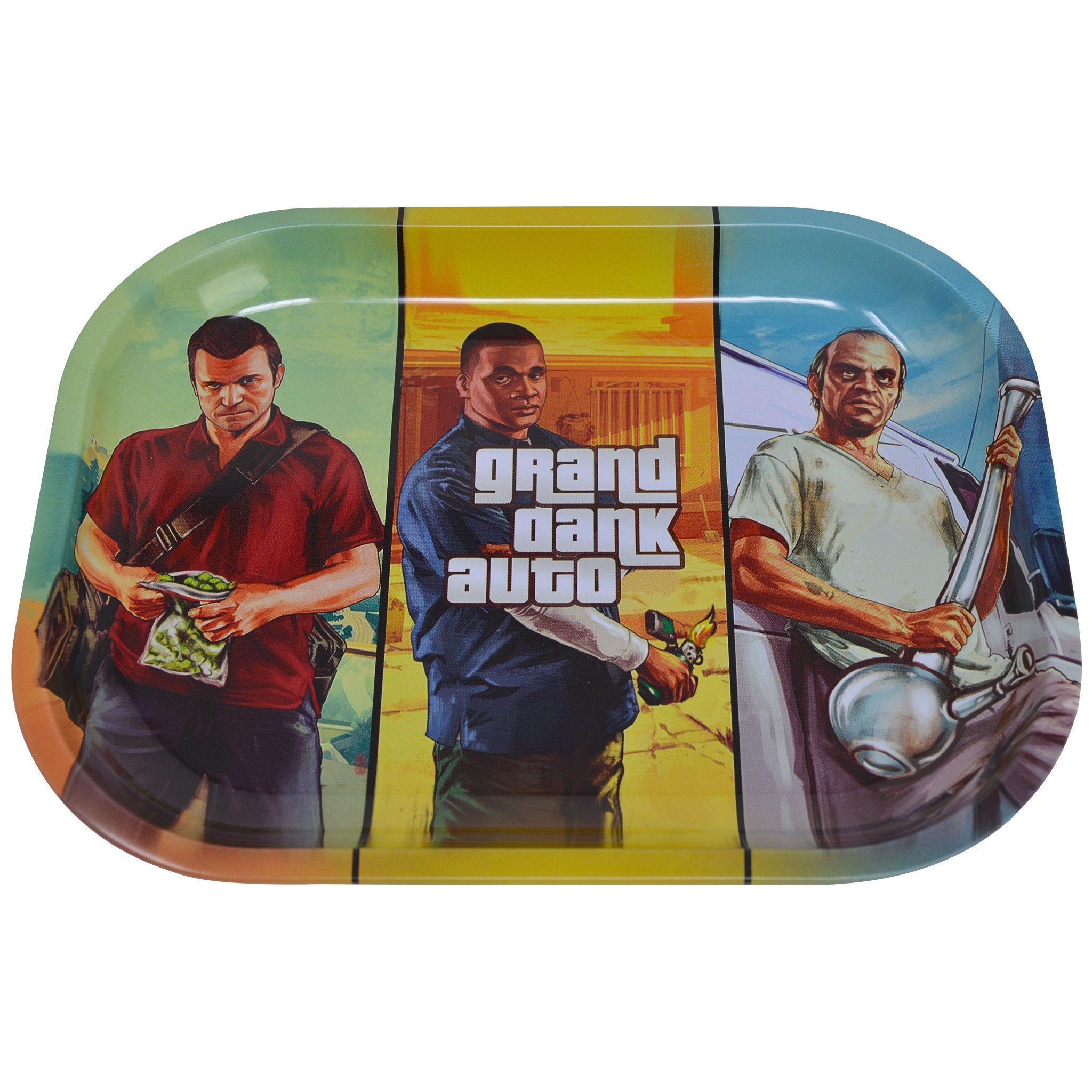 Handy rolling tray smoking accessory Grand Theft Auto video game themed with Carl, Mike, Trevor smoking weed