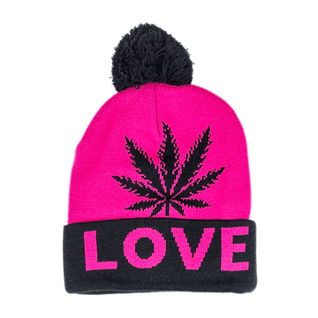 Beanie cap fashion item apparel with Weed Leaf love print and weed leaf design in classic and pink colors with pompom