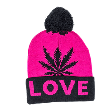 Beanie cap fashion item apparel with Weed Leaf love print and weed leaf design in classic and pink colors with pompom