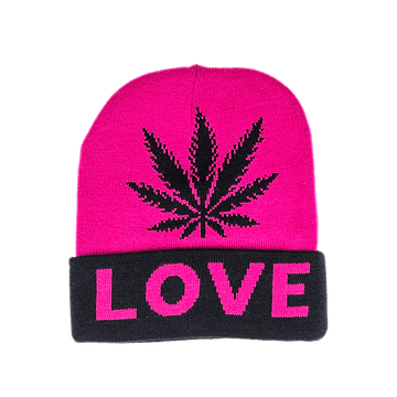 Beanie cap fashion item apparel with Weed Leaf love print and weed leaf design in classic and pink colors