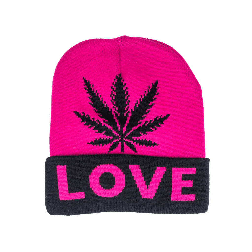 Beanie cap fashion item apparel with Weed Leaf love print and weed leaf design in classic and pink colors