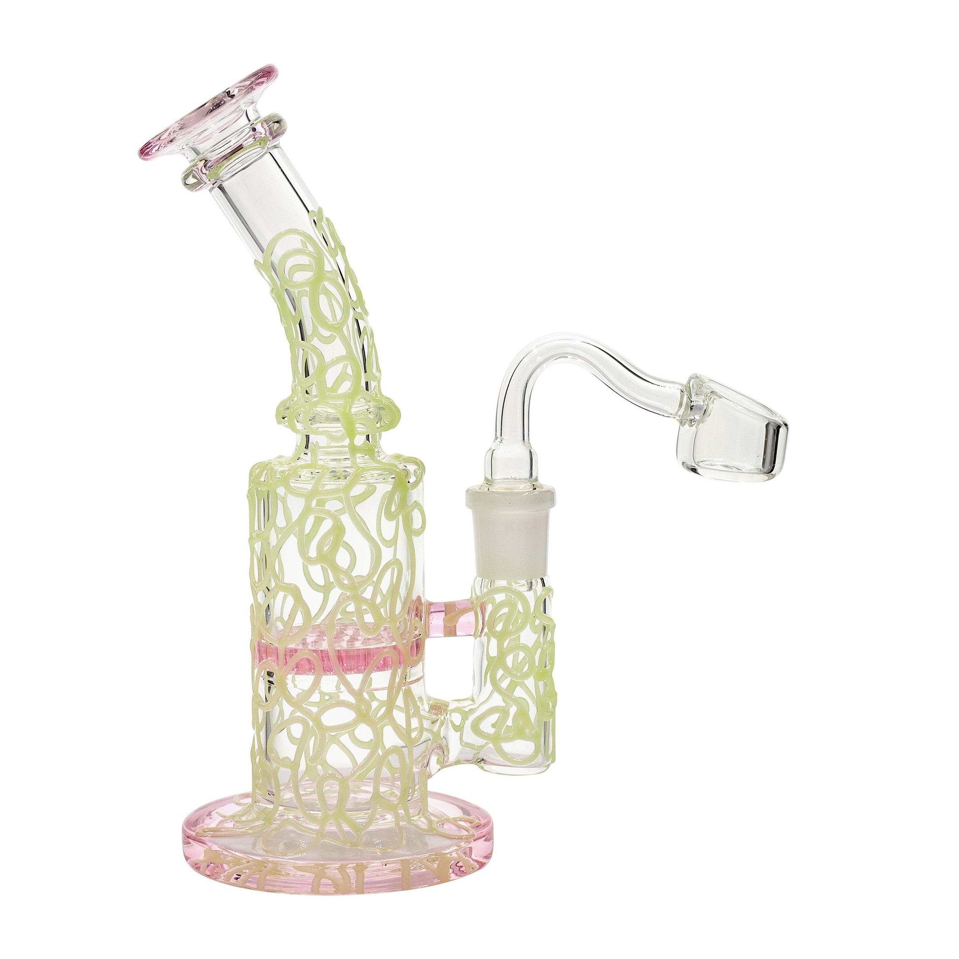 Petite 7-inch glass dab rig smoking device with pink color glow in the dark feature honeycomb perc