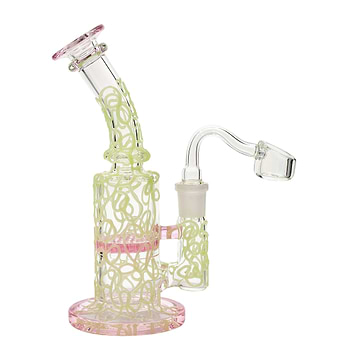 Petite 7-inch glass dab rig smoking device with pink color glow in the dark feature honeycomb perc