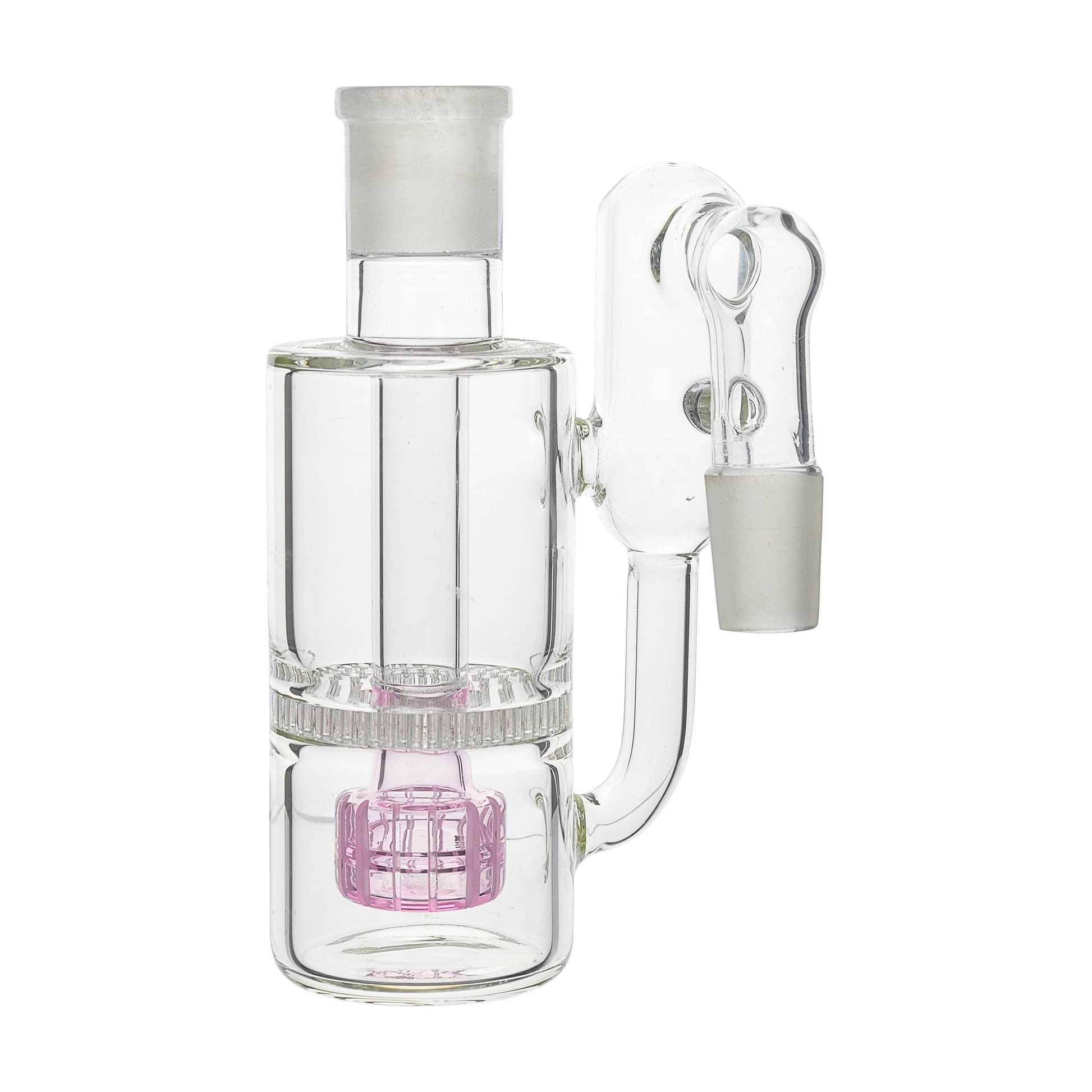 Full shot of pink and clear 6-inch ash catcher dab rig part for 18mm male cute perfume bottle look and design