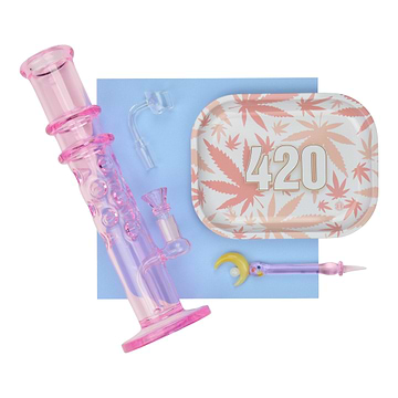 Set of cute pink princess-themed pieces ice catcher bong, glass dabber, male quartz bannger and metal mini tray