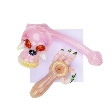 Cool pink set of skeleton-themed smoking pieces pink skull bubbler and A OK styled pipe