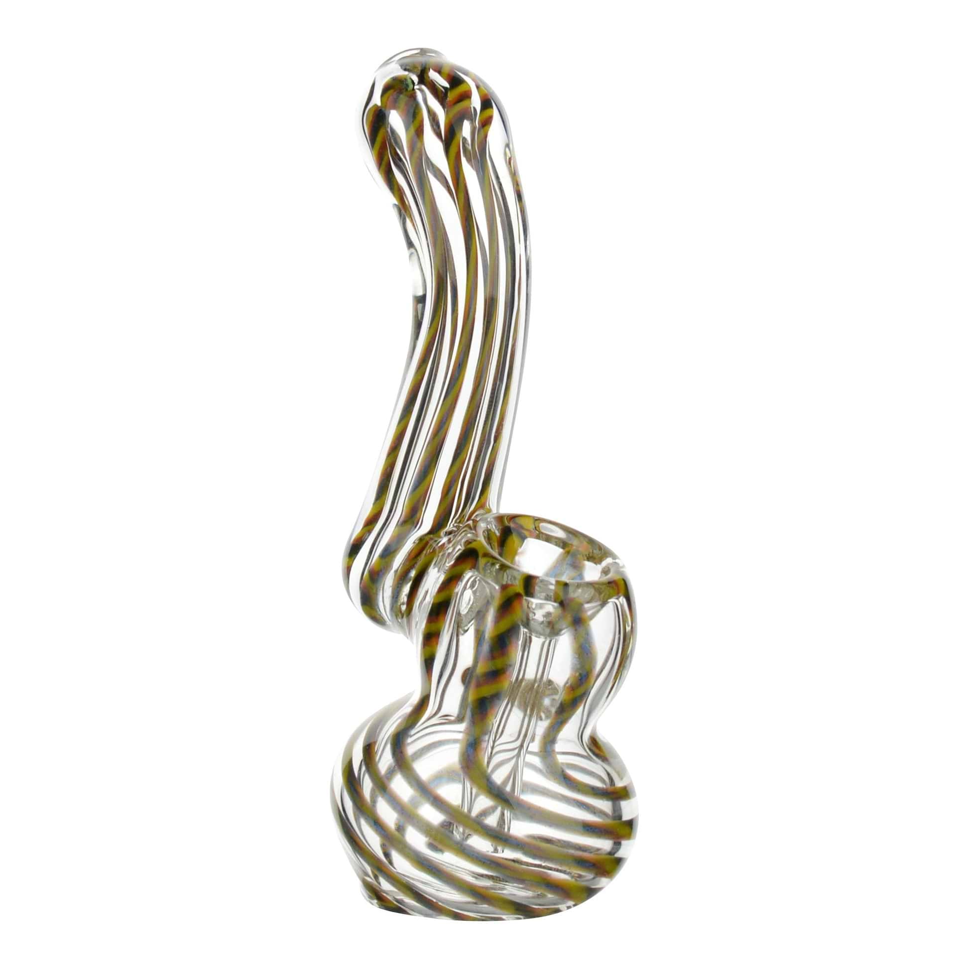 Full shot of tilted 4-inch sherlock stemmed glass mini bubbler with plaid swirls in tiger colors bowl visible