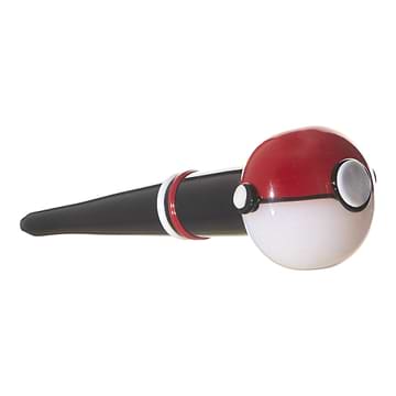 Full shot of Pokemon themed pipe Poke Ball bowl in mixed black, red, white colors 2 fingergrips bowl on right