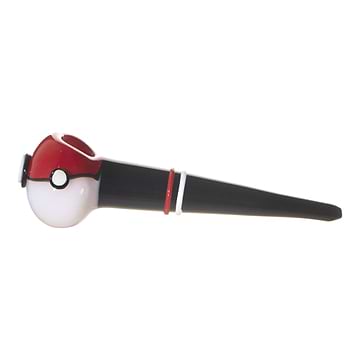 Full side shot of Pokemon themed pipe Poke Ball bowl in mixed black, red, white colors 2 fingergrips bowl on left