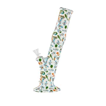 13-inch silicone bong smoking device sleek straight tube slanted look with fun RnM Rick and Morty design wide base